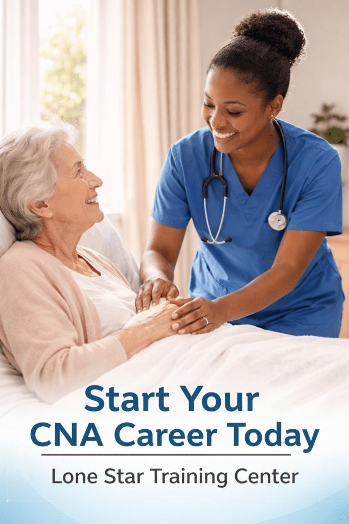 Nurse assisting elderly woman in bed.