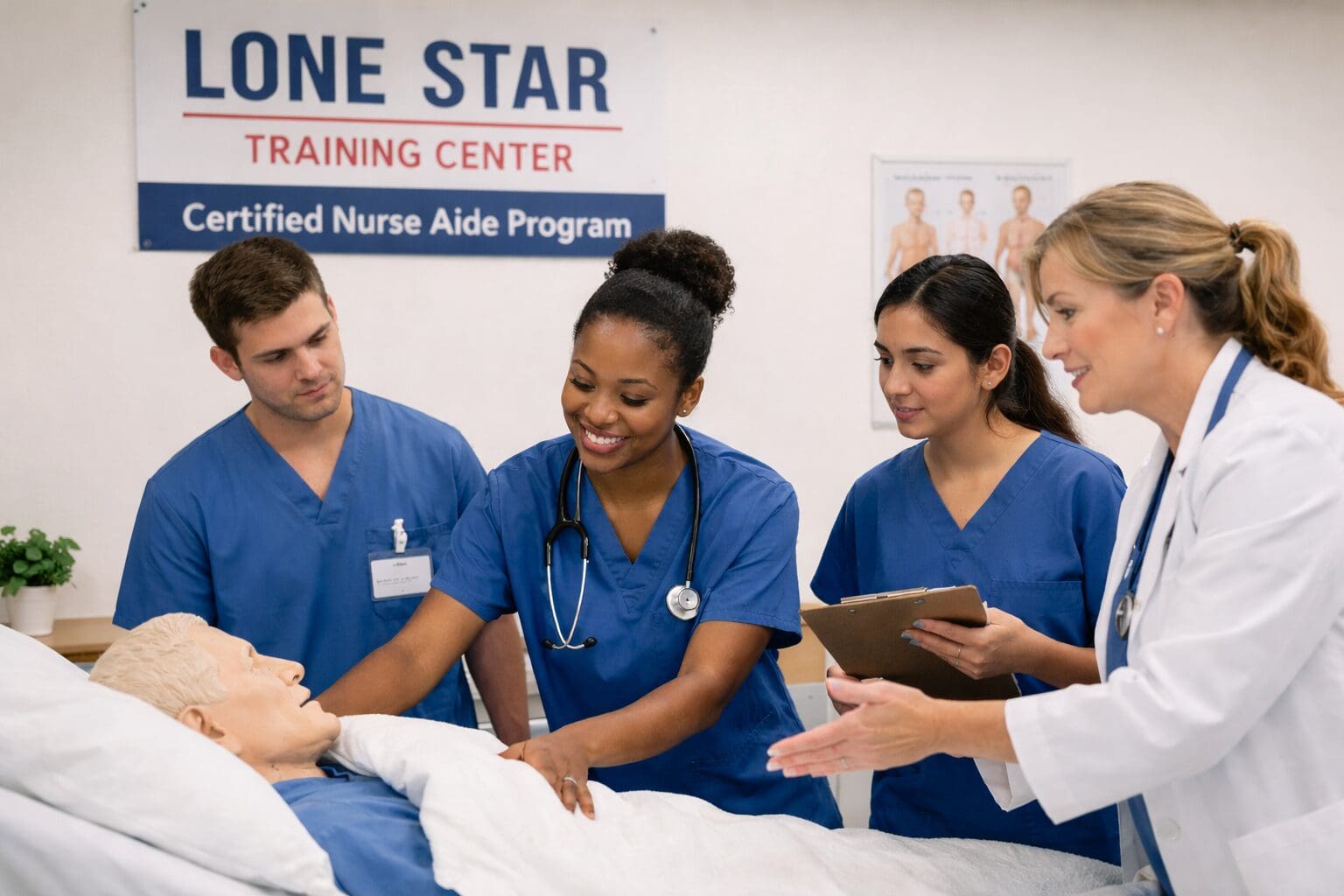 Medical students training with patient mannequin.