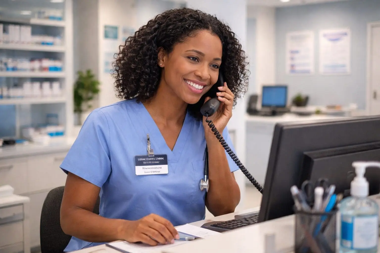 Smiling nurse on phone at reception desk.